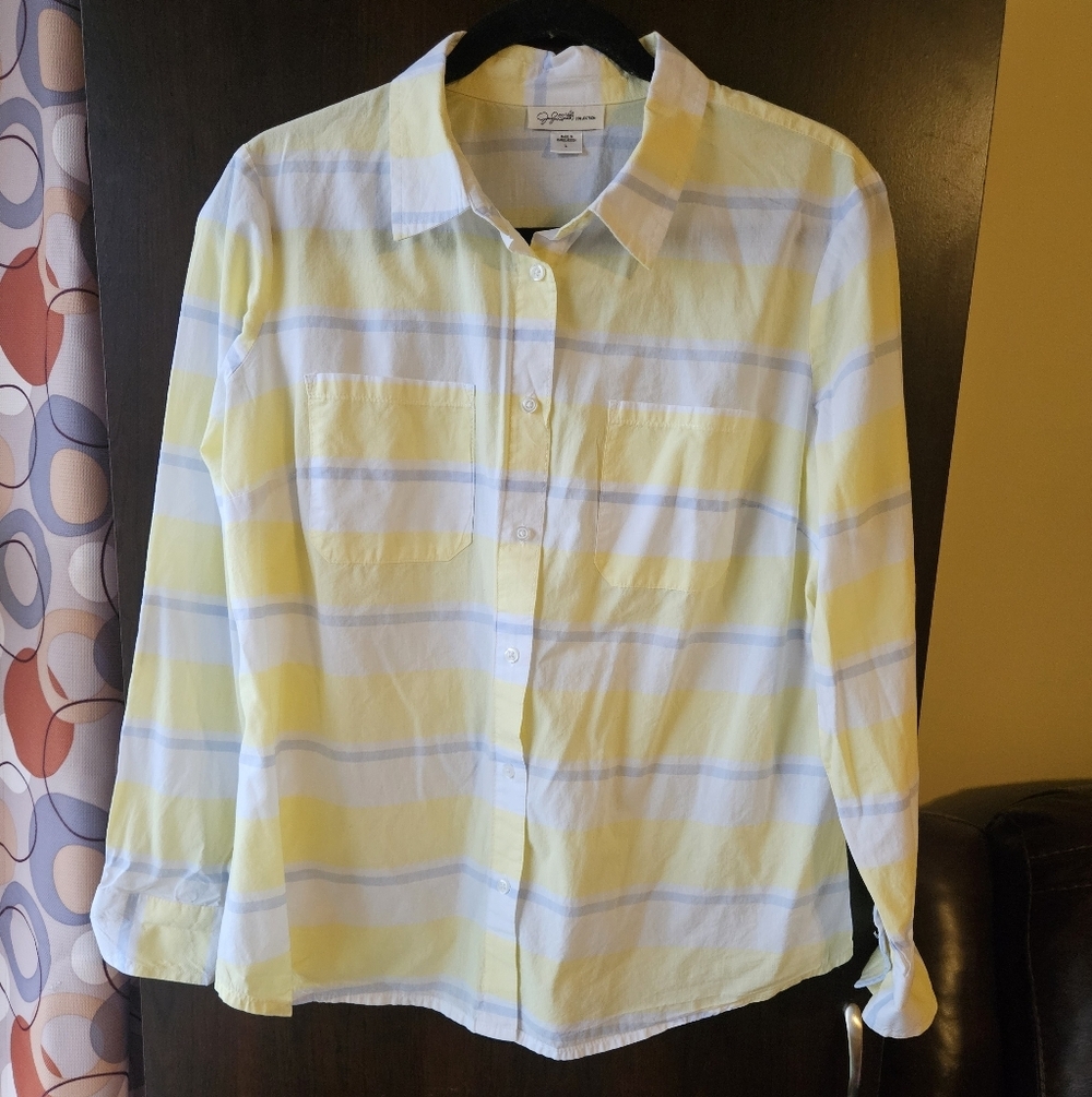 Jaclyn Smith Yellow, Blue, And White Striped Button Down Blouse Size Large